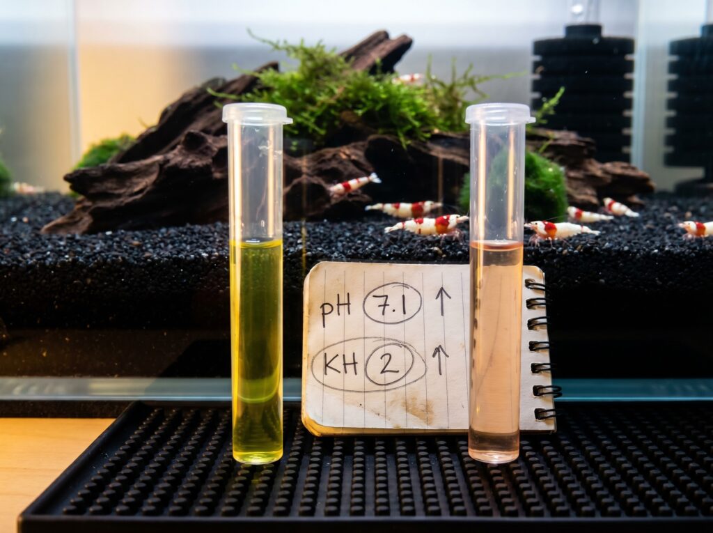 pH and KH test vials showing elevated readings beside a Caridina bee shrimp planted tank