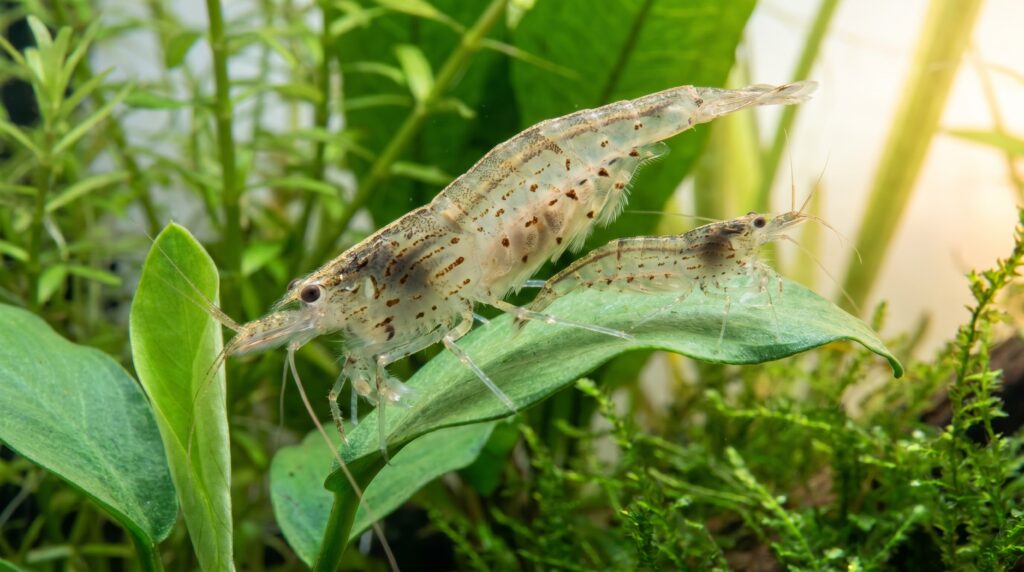 pair of adult amano shrimp on aquatic plant leaf in planted freshwater aquarium