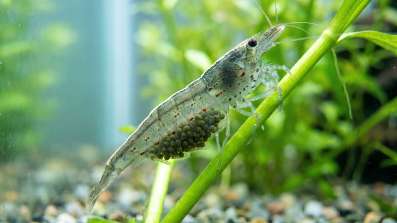 berried female amano shrimp carrying green eggs on planted aquarium stem