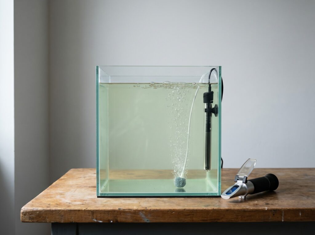 small glass brackish rearing tank with air stone and refractometer for amano larvae