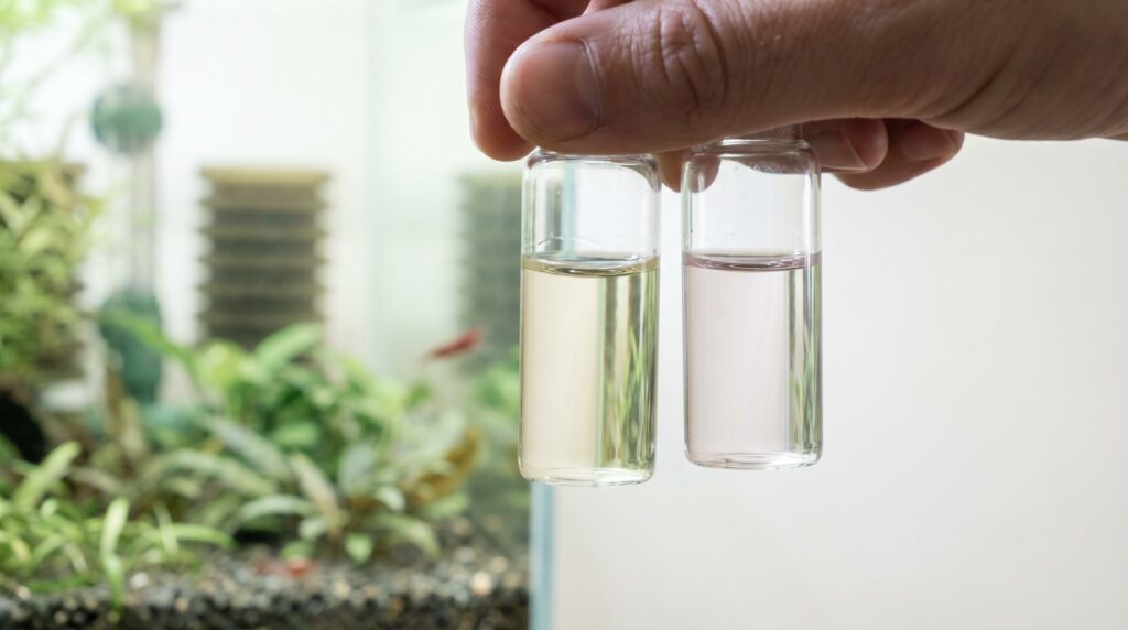 Two aquarium test vials showing ammonia and nitrite readings for a shrimp tank