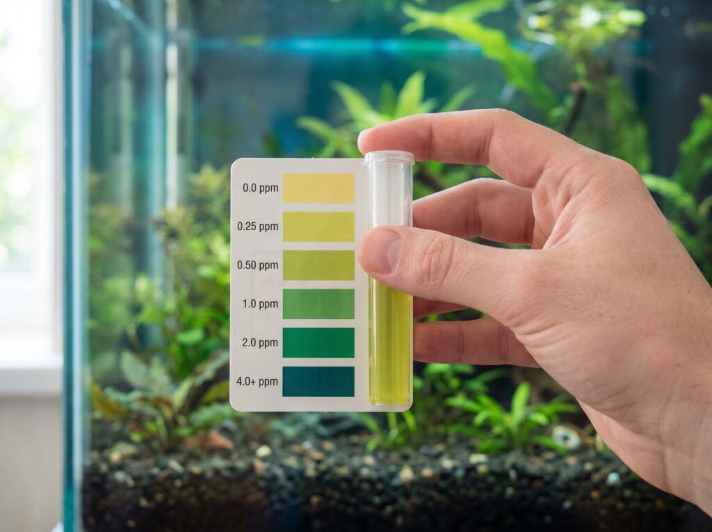 Aquarium ammonia test tube showing elevated reading held against a color comparison card
