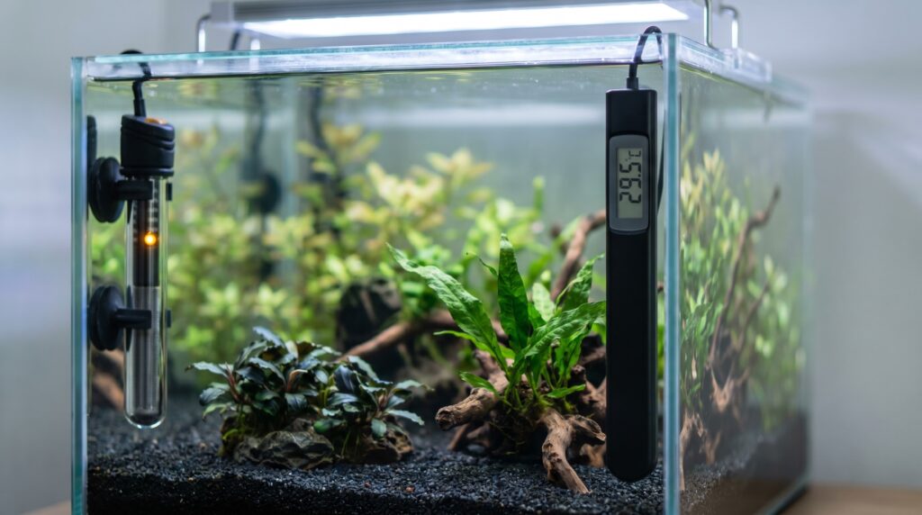 Aquarium thermometer showing 29.5 degrees Celsius next to a heater in a planted shrimp tank