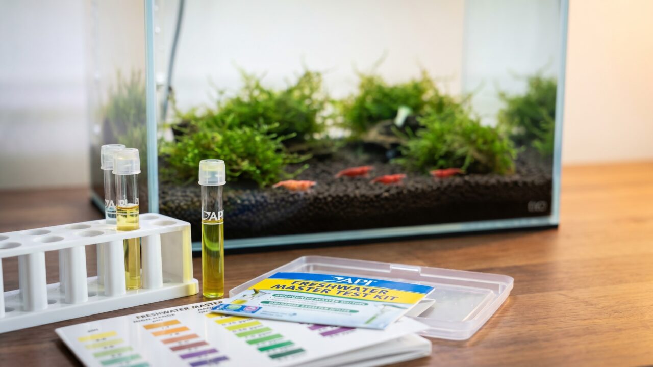 aquarium test kit with test tubes beside a cherry shrimp nano tank showing the importance of water testing