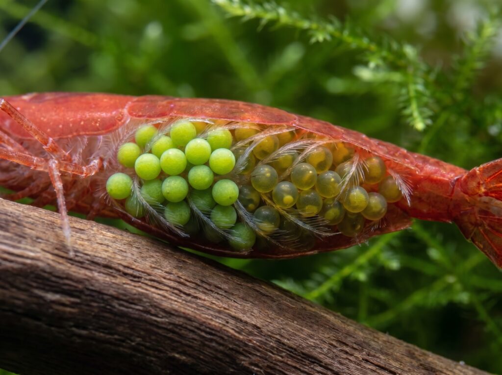 Berried cherry shrimp carrying green egg cluster on swimmerets under her abdomen