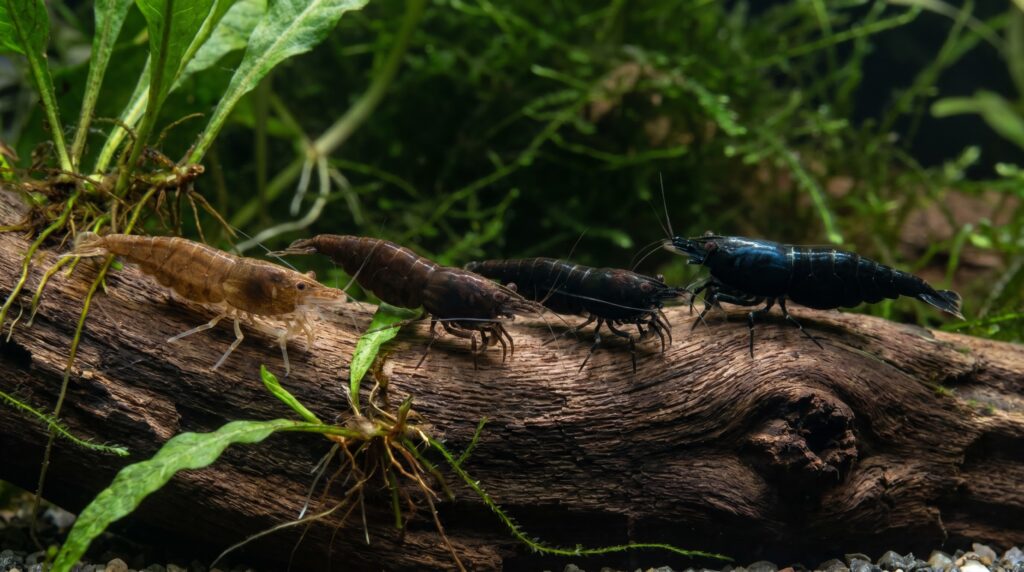Four Neocaridina shrimp showing a Chocolate to Black Rose color grade progression