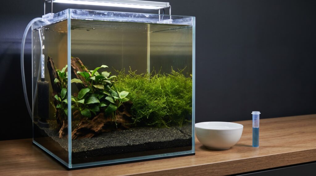 Nano shrimp tank with dark substrate, sponge filter, and remineralizer bowl for Blue Dream setup