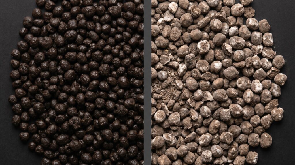 Side-by-side comparison of fresh dark active substrate versus pale exhausted shrimp buffering soil