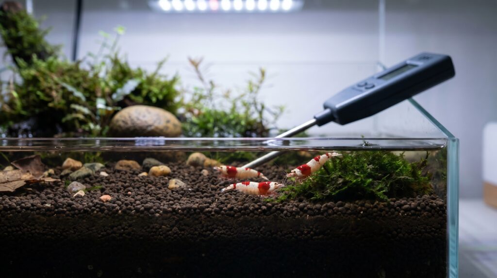 Crystal red Caridina shrimp on dark active substrate with pH pen resting on tank rim