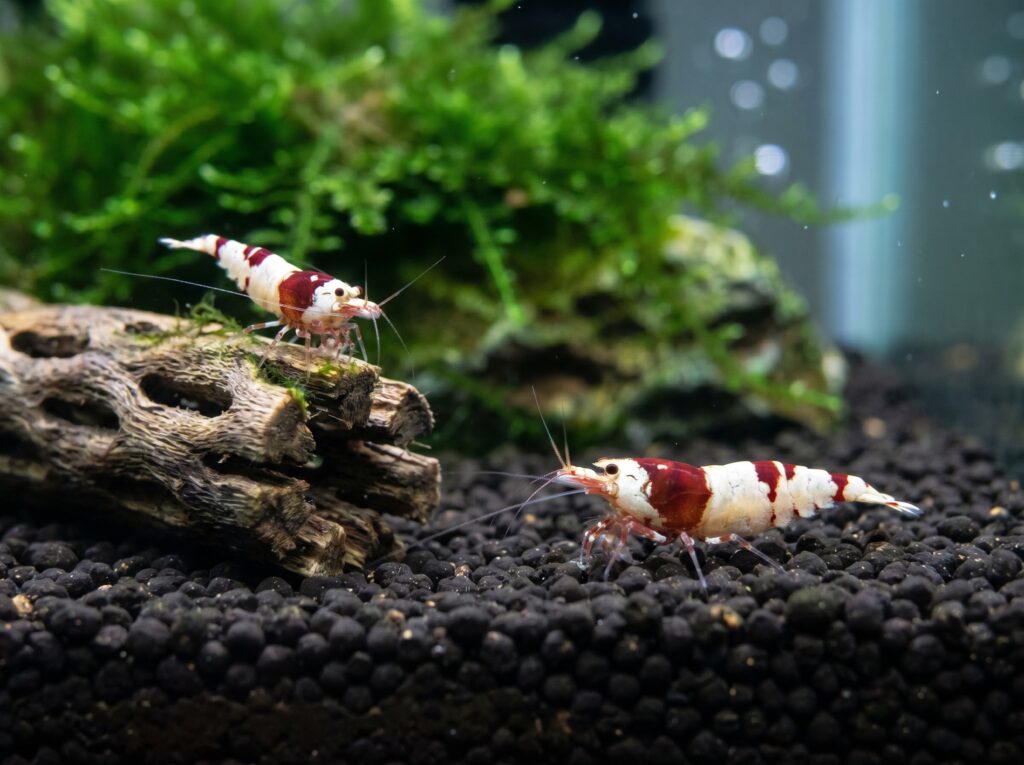 Caridina crystal red shrimp on dark active substrate in a soft water planted tank