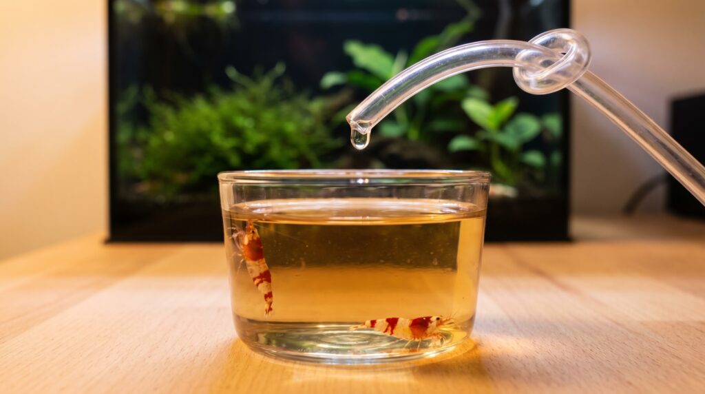 Drip acclimation setup with airline tubing and Caridina shrimp in a clear container