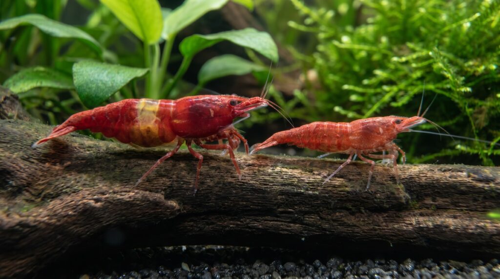 male and female cherry shrimp side by side showing size and saddle marking difference