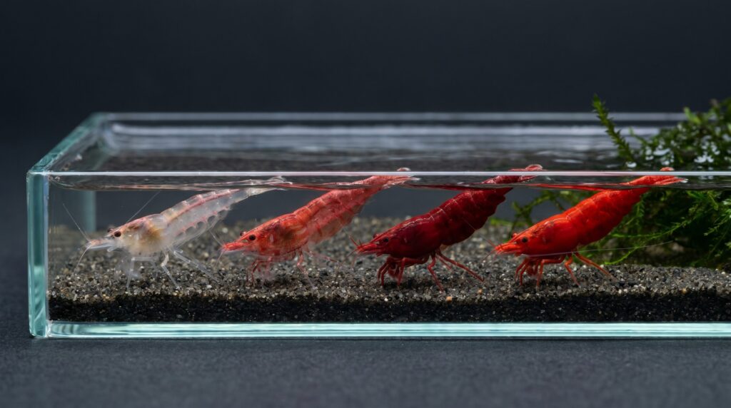 four cherry shrimp side by side showing grades from pale cherry to painted fire red