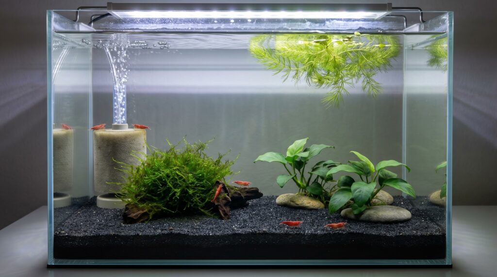 small planted cherry shrimp breeding tank with sponge filter and java moss