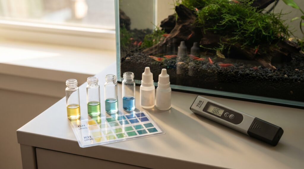 GH and TDS test kit beside a cherry shrimp planted aquarium