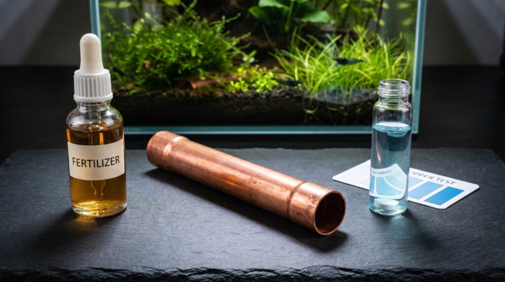Copper pipe, liquid fertilizer bottle, and copper test vial showing three shrimp tank copper sources