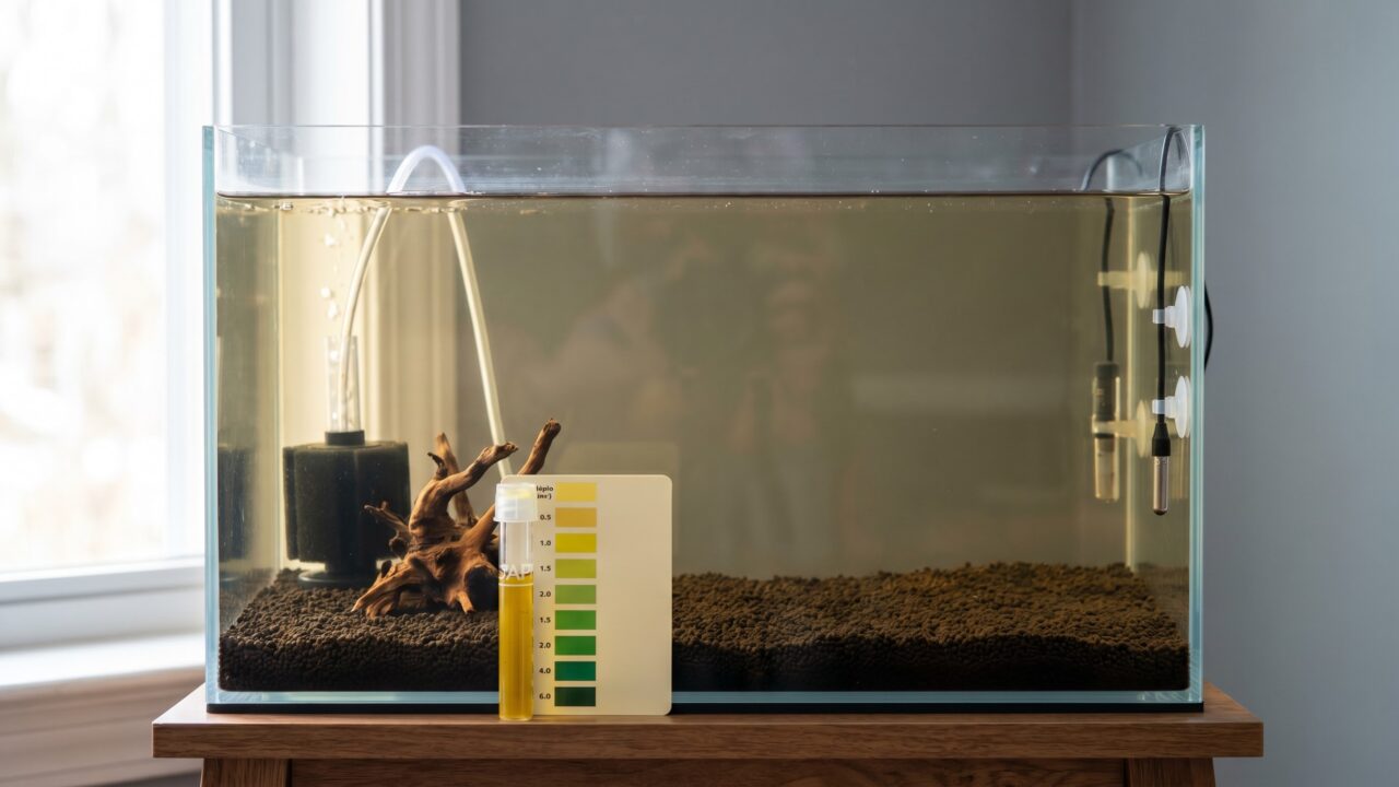 Empty shrimp tank cycling with sponge filter and ammonia test kit on the glass