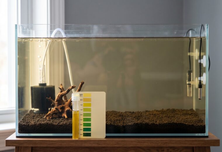 Empty shrimp tank cycling with sponge filter and ammonia test kit on the glass