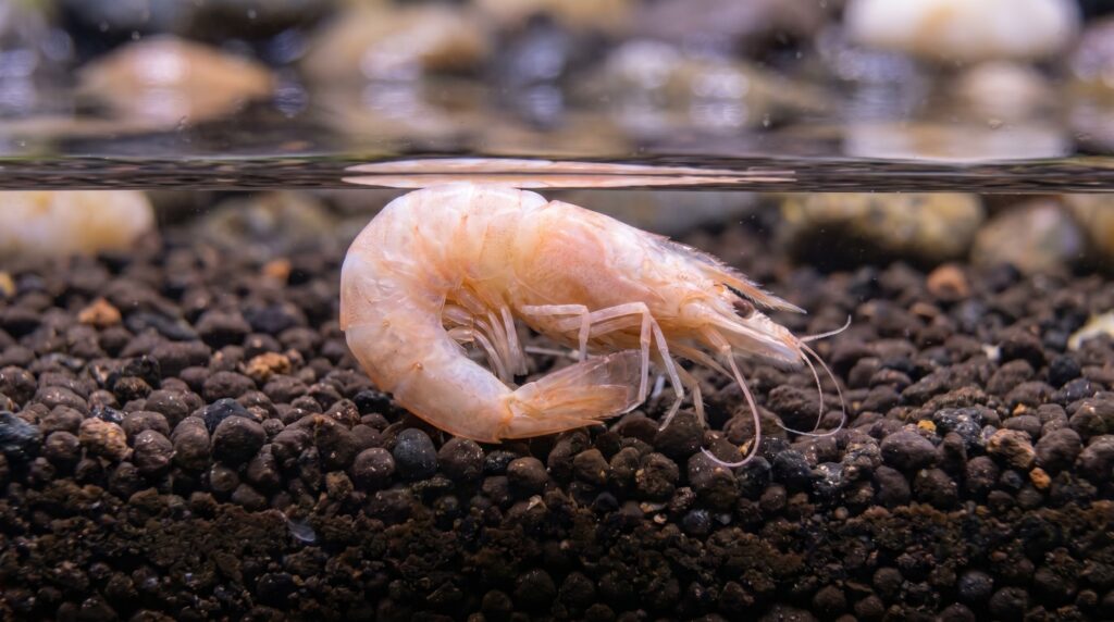 opaque pinkish-white dead shrimp lying on dark aquarium substrate, body intact