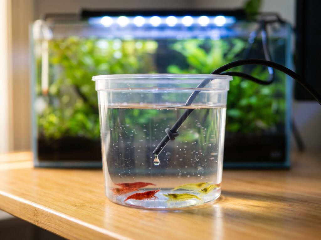 drip acclimation setup with airline tubing slowly adding tank water to shrimp container
