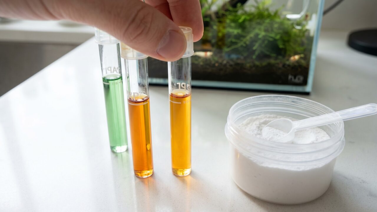 GH test kit showing orange and green test tubes beside shrimp remineralizer powder