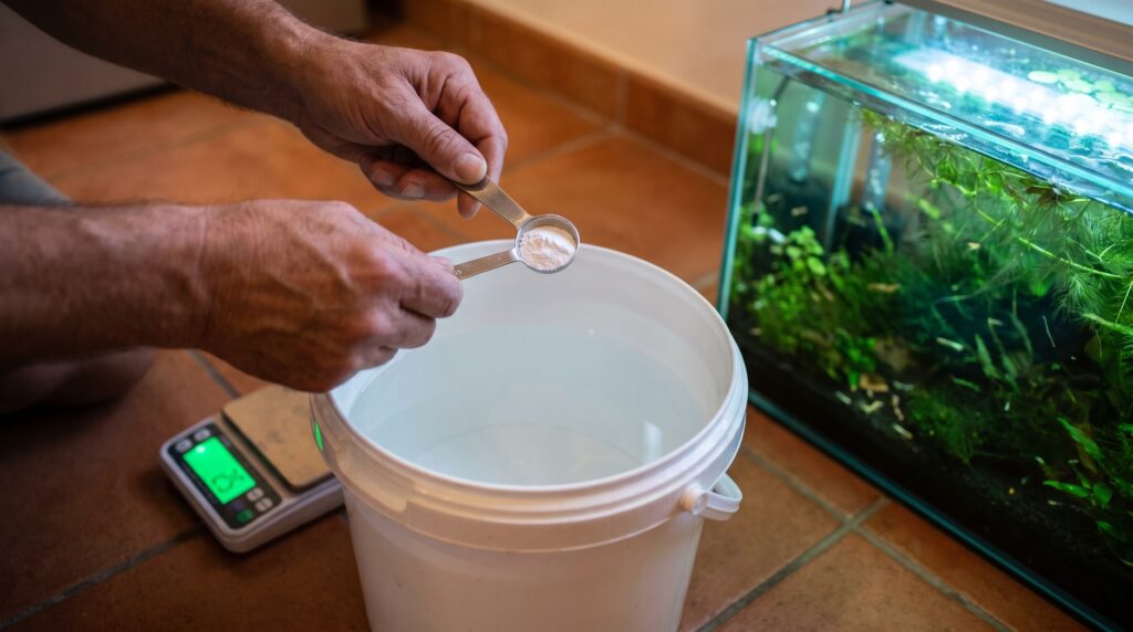 Hands measuring remineralizer powder into a water change bucket beside a planted shrimp tank
