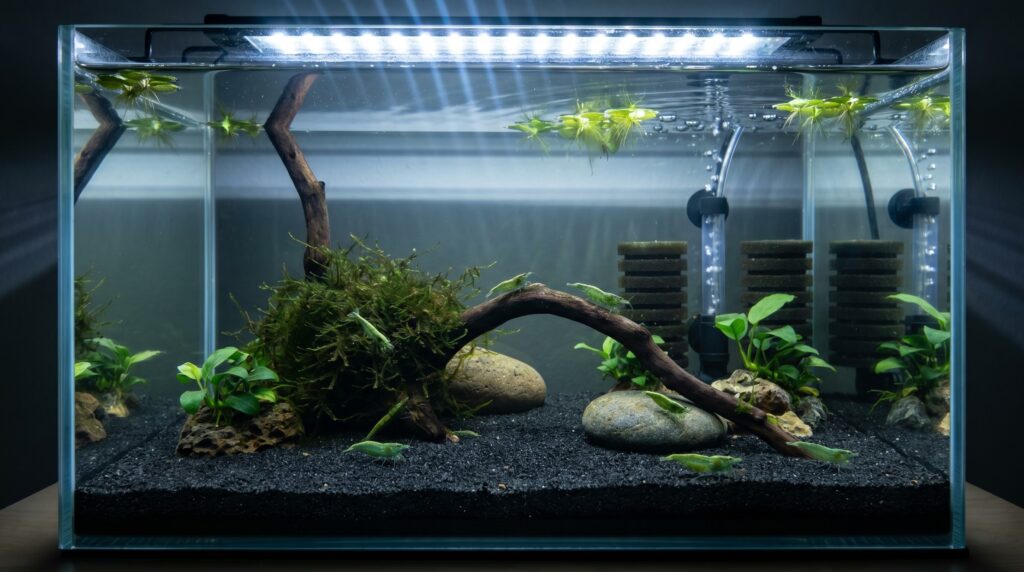 planted Neocaridina shrimp tank with sponge filter, black sand, and green jade shrimp grazing on driftwood