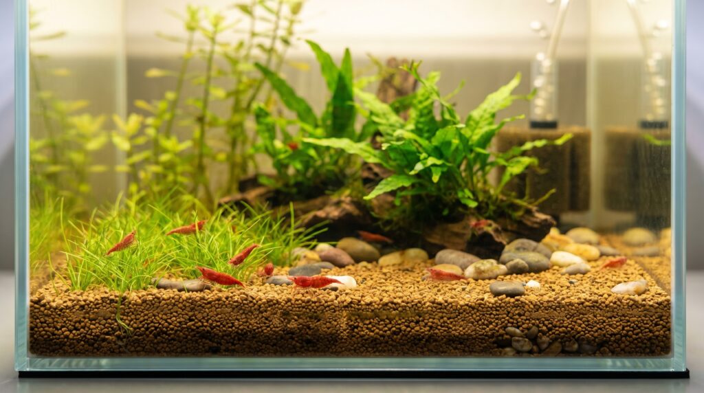 vivid red cherry shrimp foraging in a planted Neocaridina tank with gravel substrate