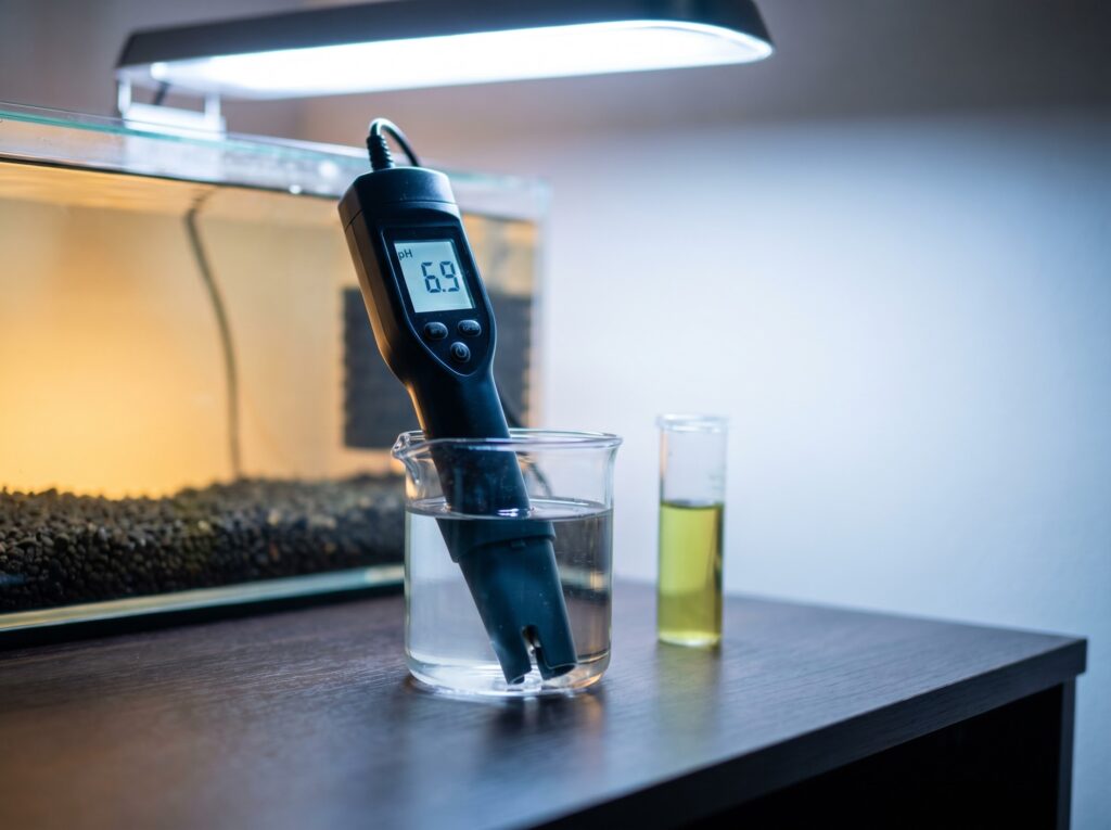 digital pH meter showing elevated reading beside KH test vial in a shrimp monitoring setup