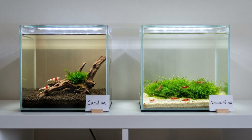 two separate small aquariums housing Caridina crystal red and Neocaridina cherry shrimp