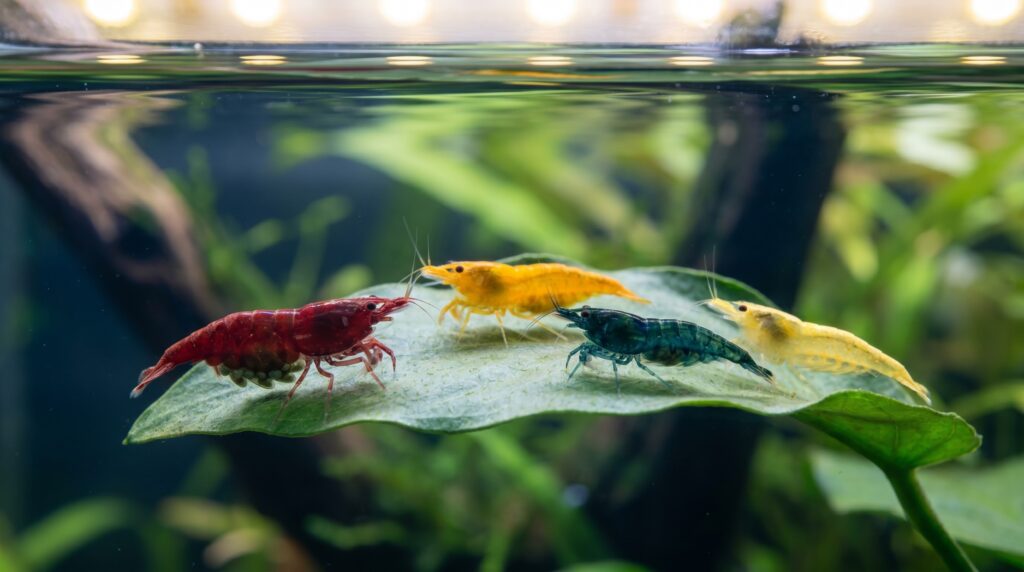 four Neocaridina dwarf shrimp in red, yellow, orange, and blue color forms on an Anubias leaf