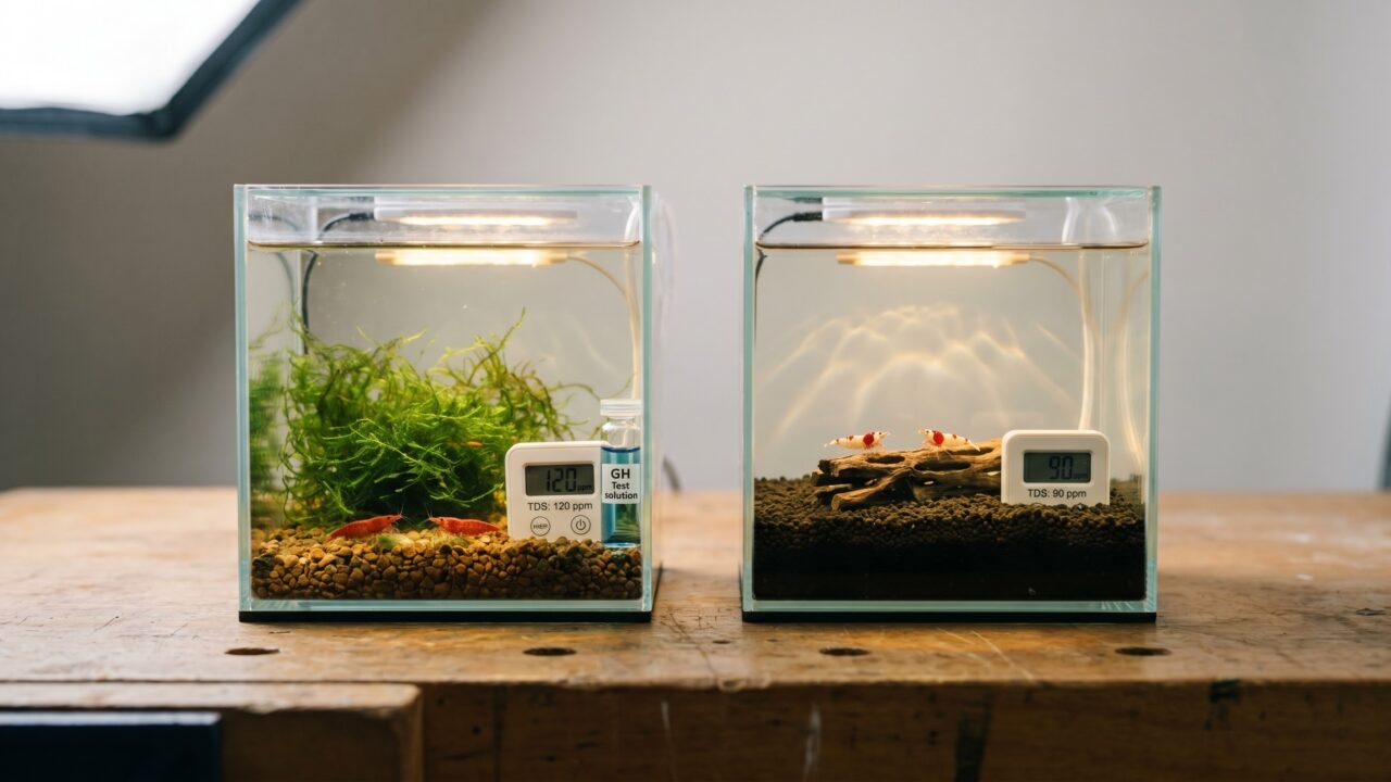 Two nano tanks side by side showing Neocaridina cherry shrimp and Caridina crystal red shrimp with different substrates