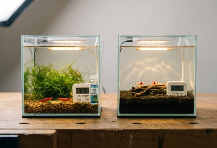 Two nano tanks side by side showing Neocaridina cherry shrimp and Caridina crystal red shrimp with different substrates