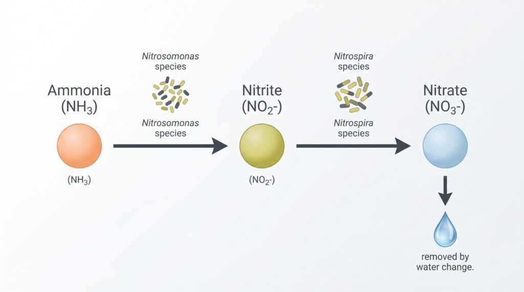 Nitrogen cycle diagram showing ammonia to nitrite to nitrate conversion by bacteria in shrimp tank