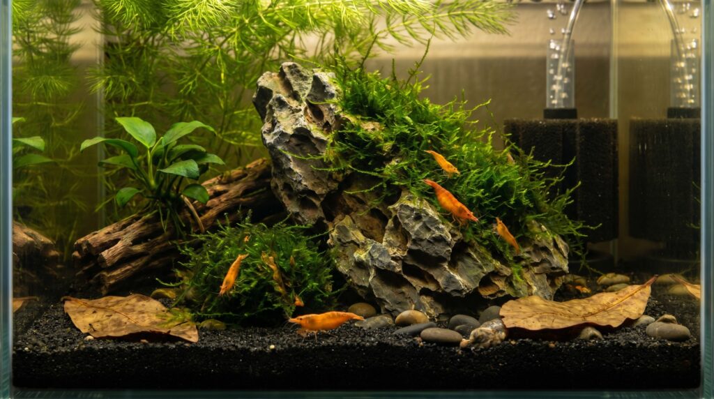 Orange cherry shrimp colony in a dark planted nano tank with Java moss and sponge filter