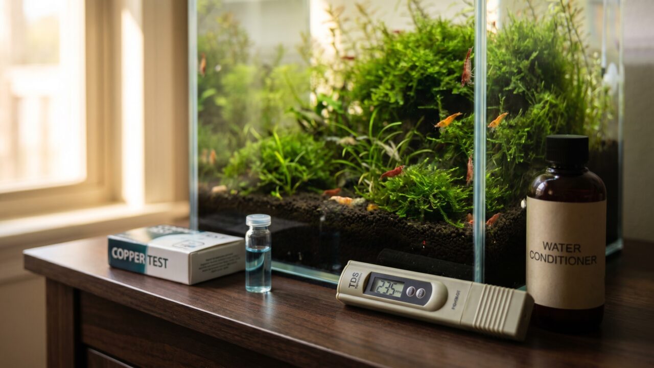 TDS meter and copper test kit on desk beside a planted shrimp tank showing troubleshooting setup