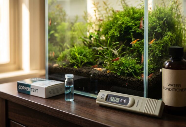 TDS meter and copper test kit on desk beside a planted shrimp tank showing troubleshooting setup