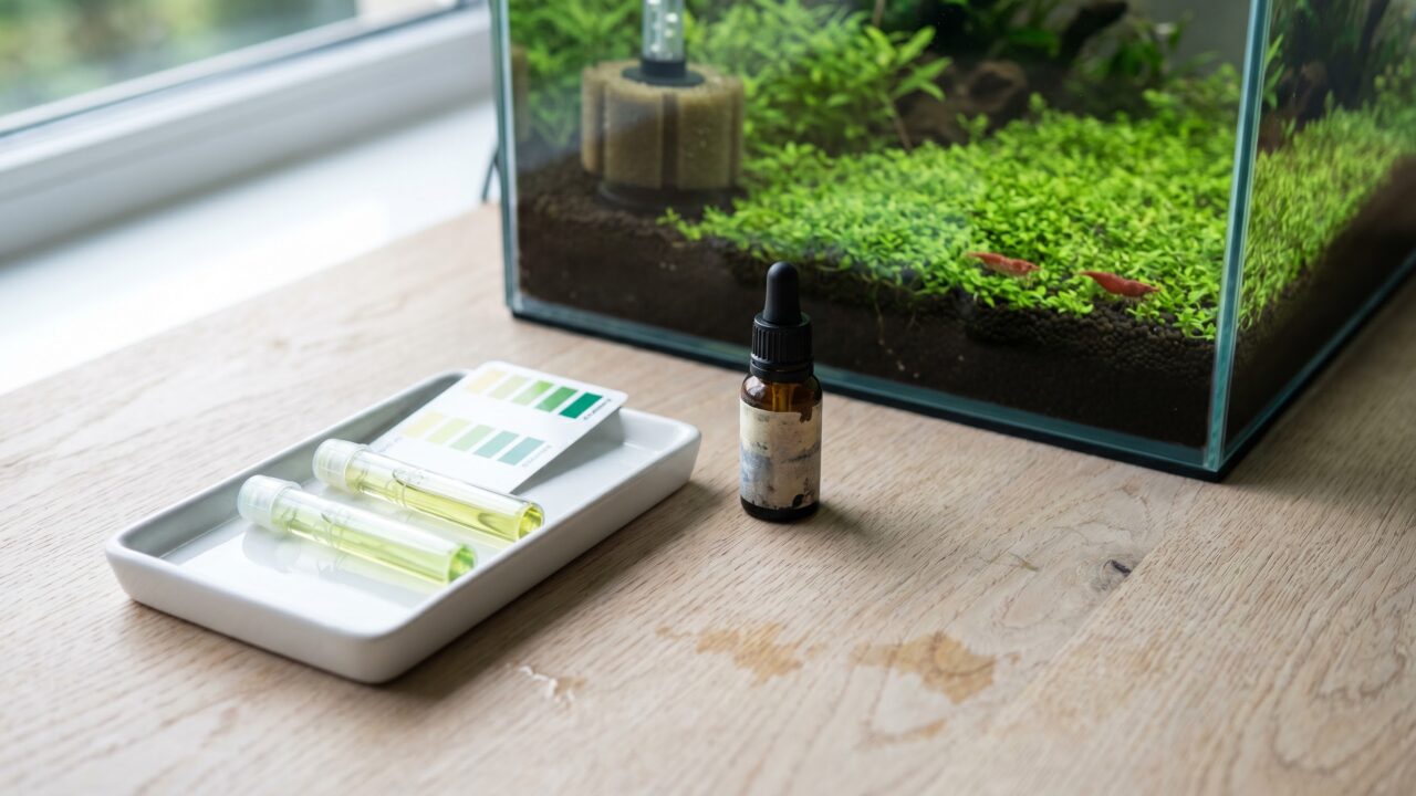 pH test kit beside a planted shrimp tank showing red cherry shrimp on dark substrate