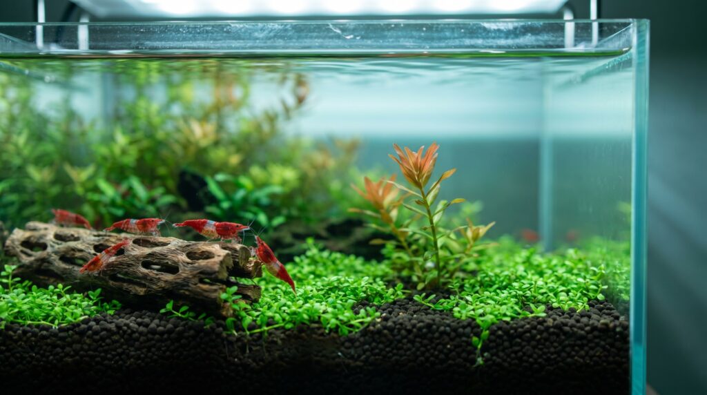 Neocaridina cherry shrimp grazing in a clear planted tank with dark aquasoil substrate