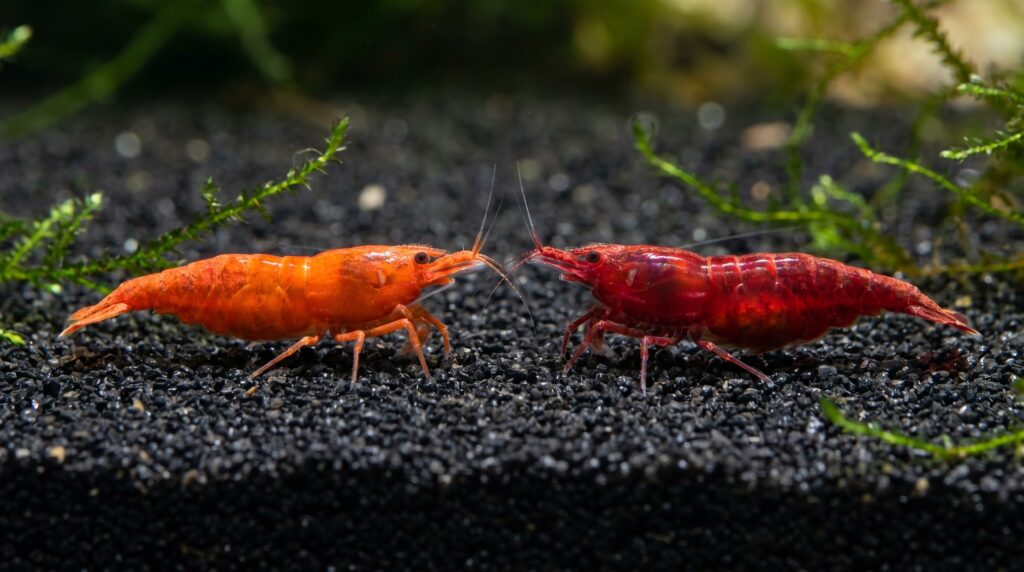 Painted Fire Red and Bloody Mary Neocaridina shrimp side by side showing opacity difference