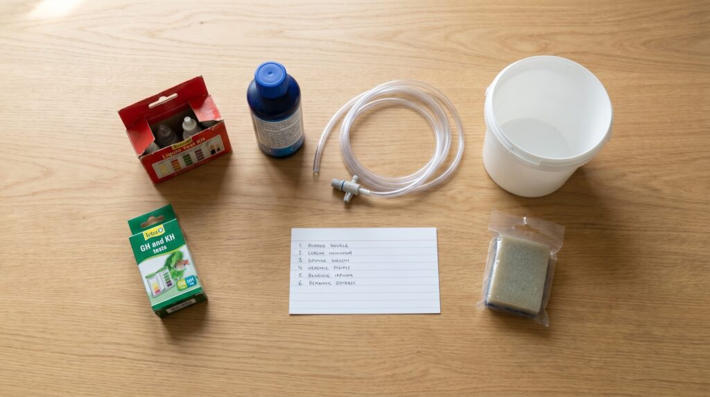 beginner shrimp keeping essentials including test kits, dechlorinator, airline tubing, and sponge filter