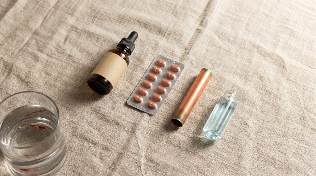Copper pipe, fish medication, and plant fertilizer beside a copper test vial and cherry shrimp
