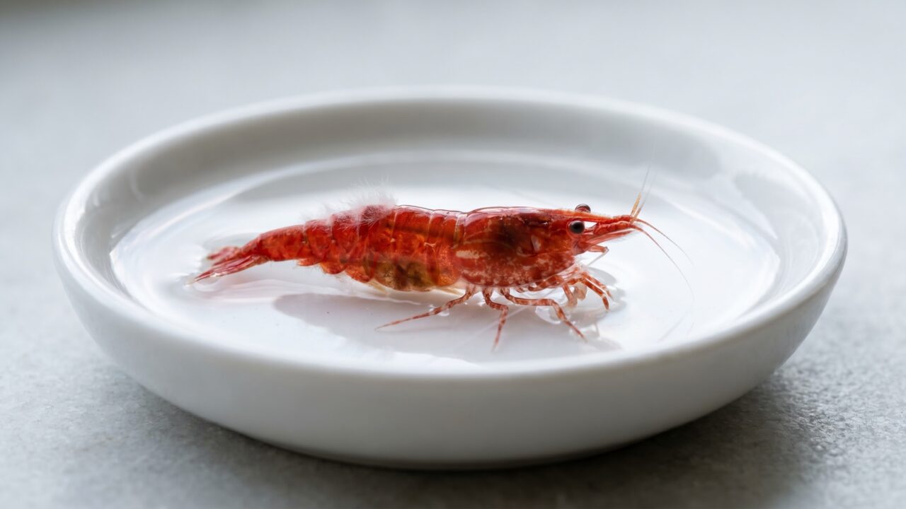 cherry shrimp with white cottony Vorticella fuzz on abdominal segments in close-up