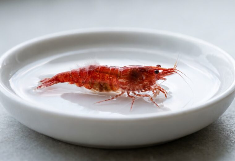 cherry shrimp with white cottony Vorticella fuzz on abdominal segments in close-up