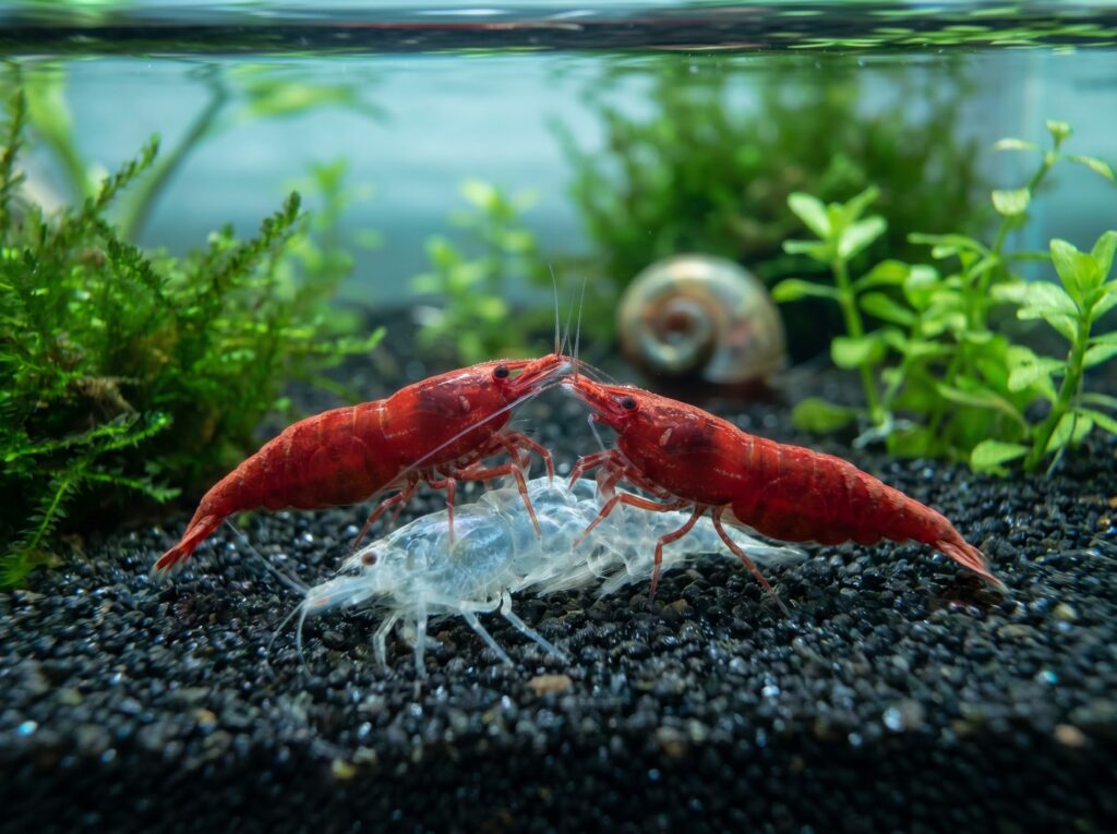 red cherry shrimp eating a translucent molt exuvium on the aquarium floor