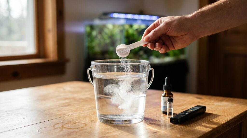 remineralizer powder added to bucket for preparing shrimp tank water to correct GH level