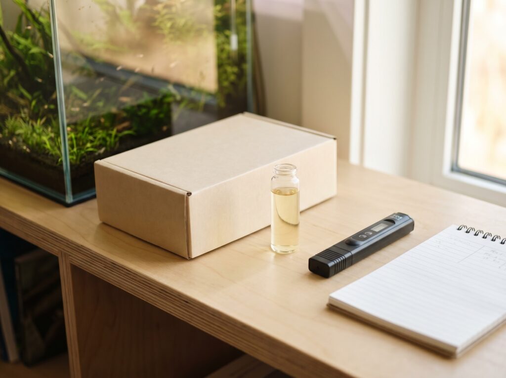Shrimp keeper's workstation with pH test vial, TDS pen, and parameter log notebook