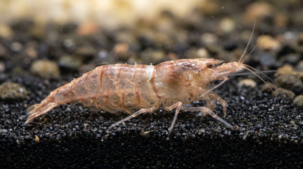 freshwater shrimp exuvium showing the dorsal split seam where the shrimp escaped