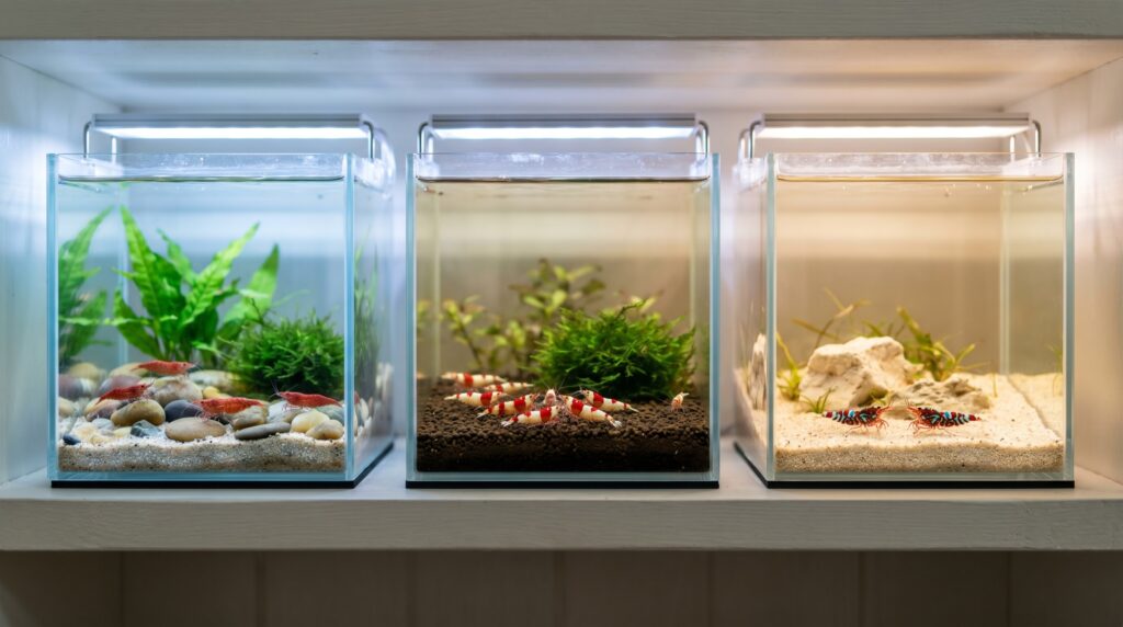Three nano tanks side by side showing Neocaridina, Caridina, and Sulawesi shrimp in their correct water types