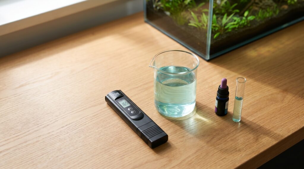 TDS meter and GH test kit on wood surface next to aquarium water sample